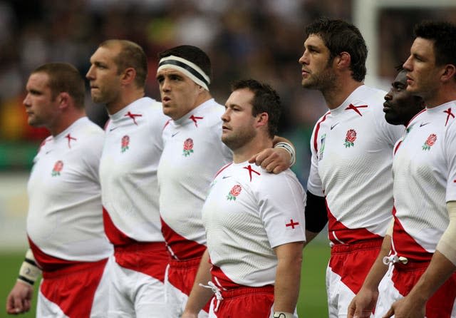 (left to right) England’s Phil Vickery, Ben Kay, Andrew Sheridan, Mark Regan, Simon Shaw, Paul Sackey and Martin Corry line up prior to kick off