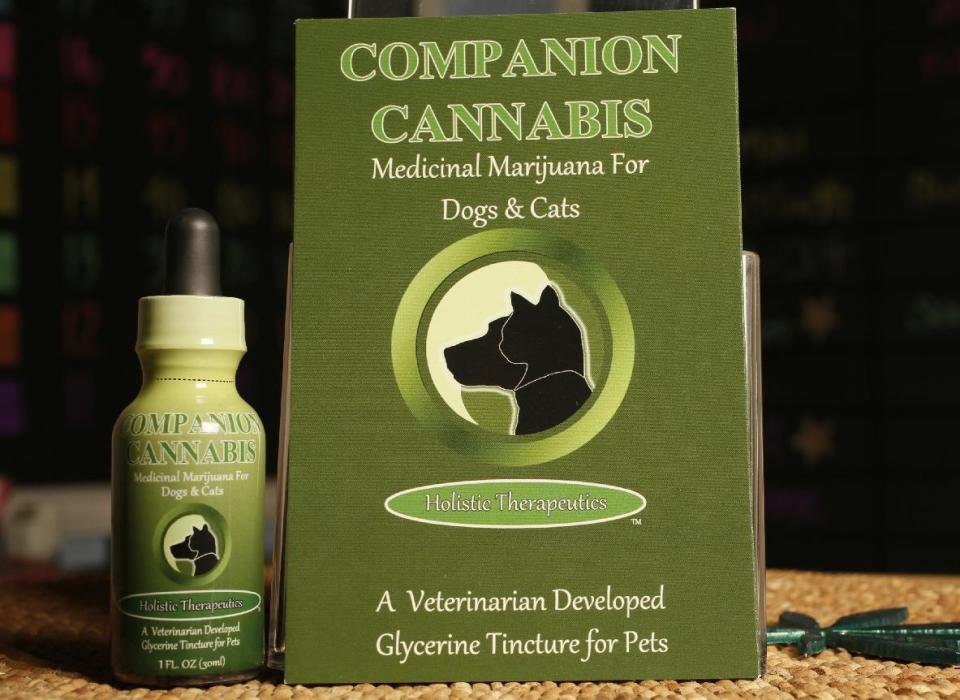 In this photo taken Thursday, May 30, 2013, Companion Cannabis, by Holistic Therapeutics, a Marijuana medicinal tincture for dogs and cats is seen at La Brea Compassionate Caregivers, a medical marijuana dispensary in Los Angeles Thursday, May 30, 2013. Stories abound about changes in sick and dying pets after they've been given marijuana. There is a growing movement, led by Los Angeles veterinarian Doug Kramer, to make it more widely available. Others, however, urge caution until there's better science behind it. (AP Photo/Damian Dovarganes)