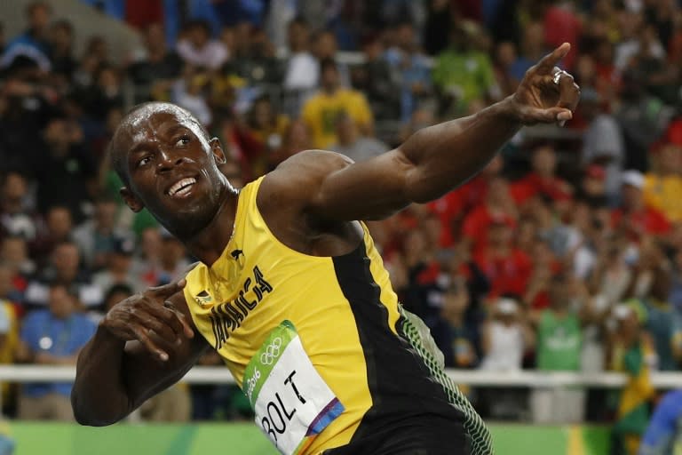 Jamaica's Usain Bolt does his "Lightening Bolt" pose in Rio de Janeiro on August 18, 2016