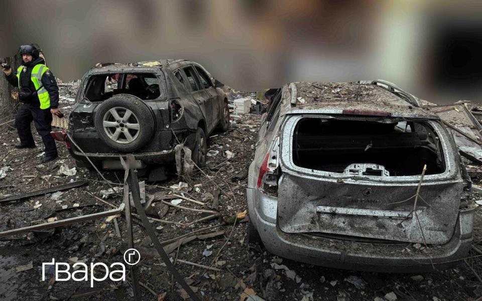 Burnt out four-wheel-drive cars in Kharkiv