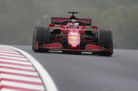 Ferrari driver Charles Leclerc of Monaco steers his car during the Turkish Formula One Grand Prix at the Intercity Istanbul Park circuit in Istanbul, Turkey, Sunday, Oct. 10, 2021. (AP Photo)