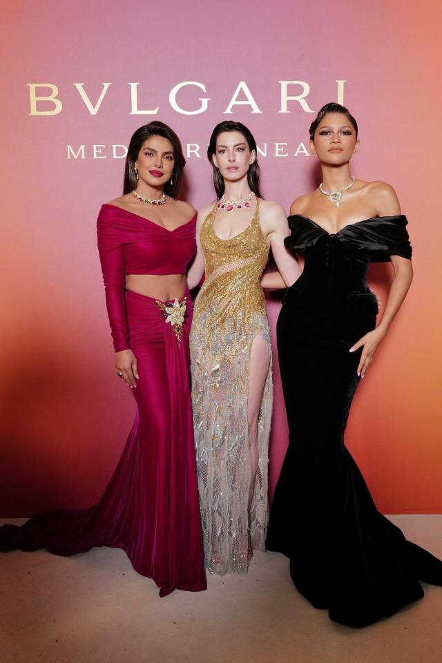 venice, italy may 16 priyanka chopra jonas, anne hathaway and zendaya attends the bulgari mediterranea high jewelry event at palazzo ducale on may 16, 2023 in venice photo by claudio laveniagetty images for bulgari