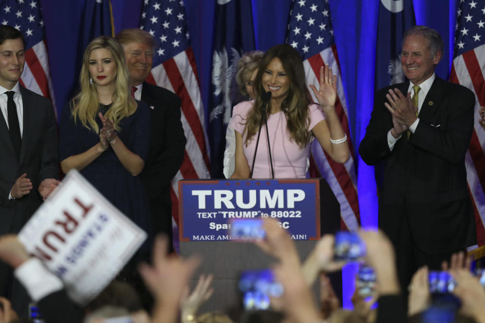 Melania Trump in a conservative pink dress in 2015