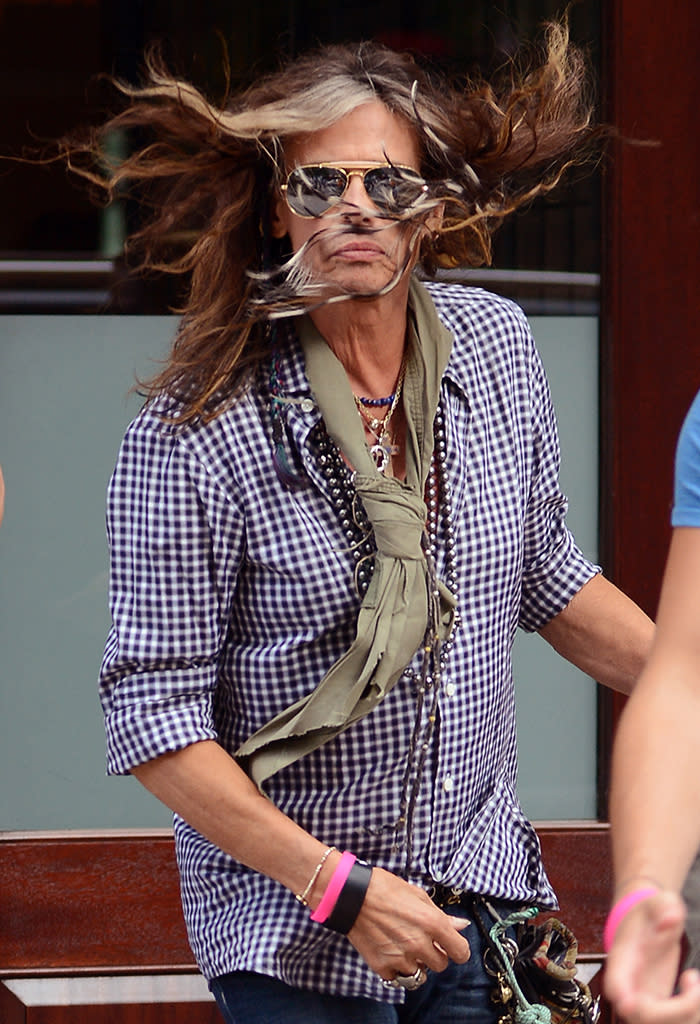 Holy breeze! Steven Tyler got caught up in a wind storm in New York on Tuesday that wreaked havoc on his long locks ... both the streaked and unstreaked ones. (6/11/2013)