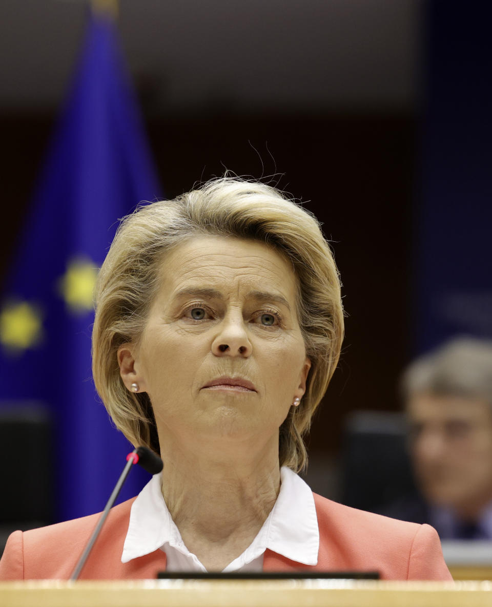 European Commission President Ursula von der Leyen speaks during a debate in the plenary at the European Parliament in Brussels, Monday, April 26, 2021. European Council President Charles Michel and European Commission President Ursula von der Leyen were reporting back to the parliament on Monday regarding their meeting with President Recep Tayyip Erdogan earlier this month aimed at improving strained EU-Turkey relations. (AP Photo/Olivier Matthys, Pool)