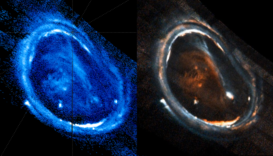 Jupiter’s northern aurora imaged by the Juno Ultraviolet Spectrograph (UVS) on Dec. 11 2016. The left panel false-colors the aurora based on overall intensity. The right panel overlays three different wavelength ranges and color codes them such that red, green, and blue indicate high, medium and low energy electrons, respectively, with color mixtures indicating a mixture of energies. <cite>G. Randy Gladstone (right image) and co-author Bertrand Bonfond (left image)</cite>