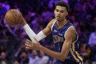 Boulogne-Levallois Metropolitans 92's Victor Wembanyama plays against the NBA G League Ignite during the second half of an exhibition basketball game Tuesday, Oct. 4, 2022, in Henderson, Nev. (AP Photo/John Locher)