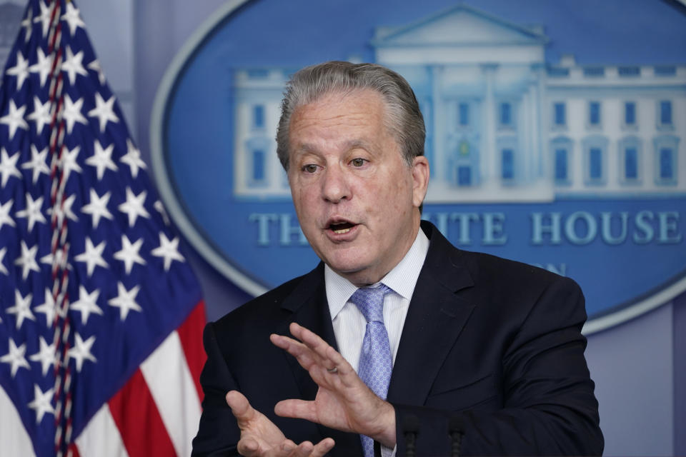 Gene Sperling, who leads the oversight for distributing funds from President Joe Biden’s $1.9 trillion coronavirus rescue package, speaks during the daily briefing at the White House in Washington, Monday, Aug. 2, 2021. (AP Photo/Susan Walsh)