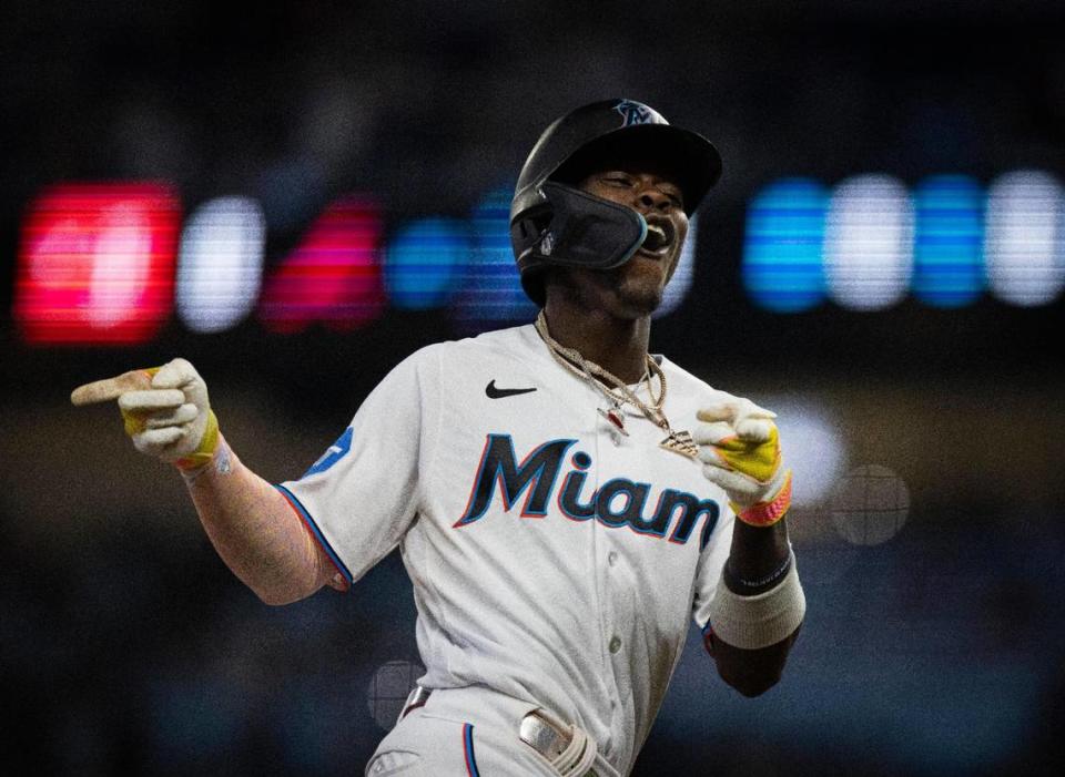 Miami Marlins center fielder Jazz Chisholm Jr. (2) points to the crowd after hitting a grand slam during the third inning of a baseball game on Sunday, Sept. 17, 2023, at loanDepot Park in Miami, Fla.