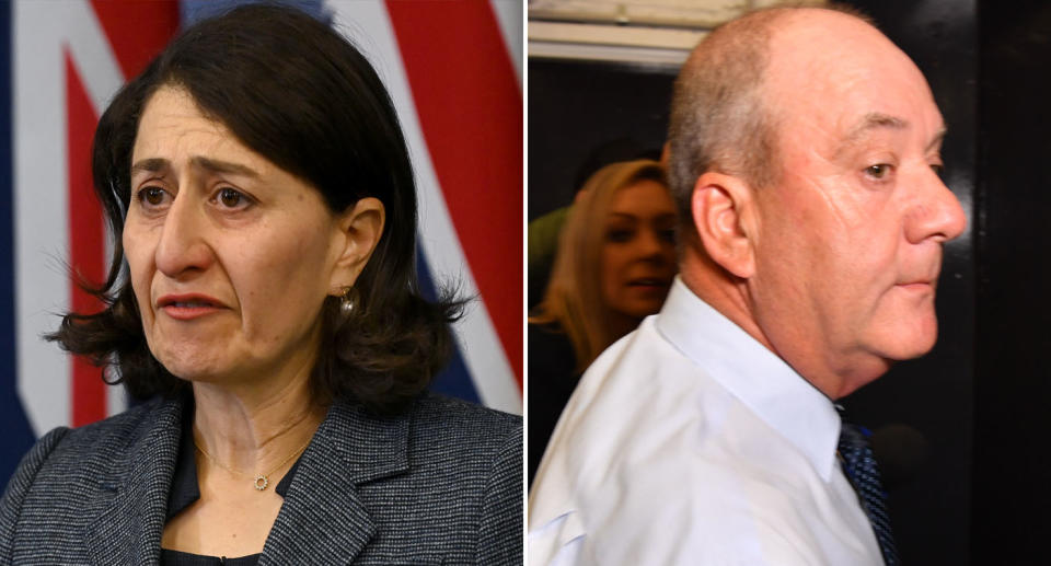 (left) NSW Premier Gladys Berejiklian speaks to the media during a press conference to announce her resignation, in Sydney, Friday, October 1, 2021. (right) Daryl Maguire arrives at the Independent Commission Against Corruption (ICAC) hearing in Sydney, Friday, October 16, 2020.