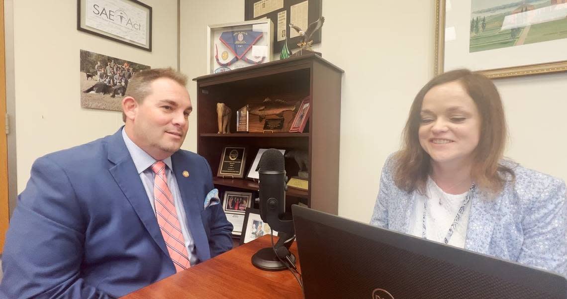N.C. House Majority Leader John Bell, left, is interviewed by News & Observer Capitol Bureau Chief Dawn Vaughan during a recording of the Under the Dome podcast in Bell’s office on Thursday, June 22, 2023.