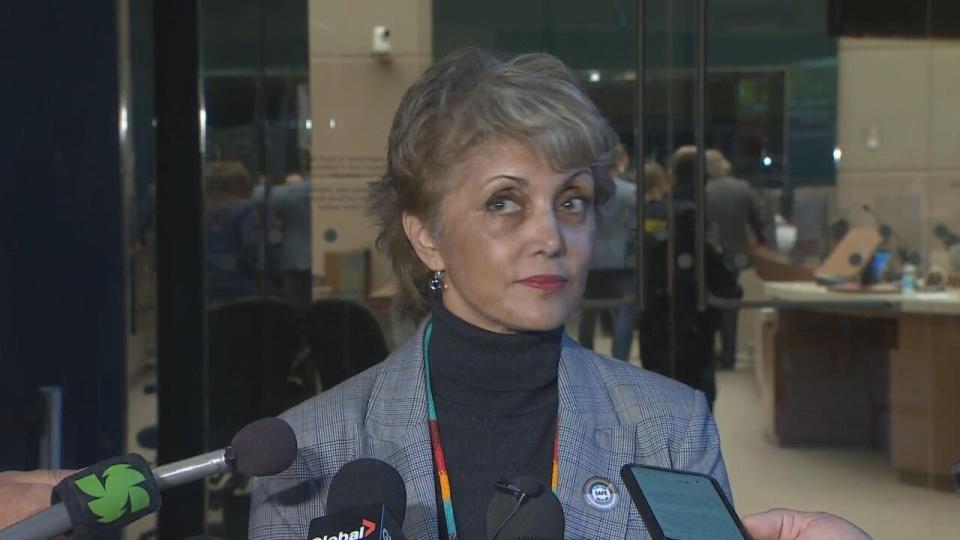 Calgary Mayor Jyoti Gondek, speaks to reporters in Calgary Thursday. 