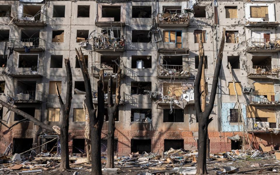 A destroyed apartment block in Kramatorsk in the Donetsk region of Ukraine  - Heathcliff O'Malley for The Telegraph