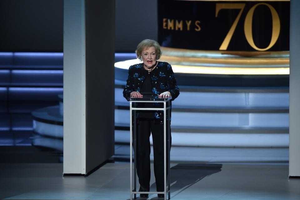 Betty White speaks onstage during the 70th Emmy Awards