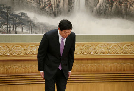 New Politburo Standing Committee member Li Zhanshu attend a meeting with media at the Great Hall of the People in Beijing, China October 25, 2017. REUTERS/Jason Lee