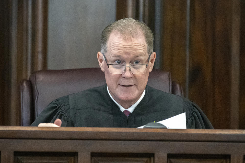 Superior Court Judge Timothy Walmsley responds to arguments during a motion hearing in the trial of Greg McMichael and his son, Travis McMichael, and a neighbor, William "Roddie" Bryan the Glynn County Courthouse, Thursday, Nov. 4, 2021, in Brunswick, Ga. The three are charged with the February 2021 slaying of 25-year-old Ahmaud Arbery. (AP Photo/Stephen B. Morton, Pool)