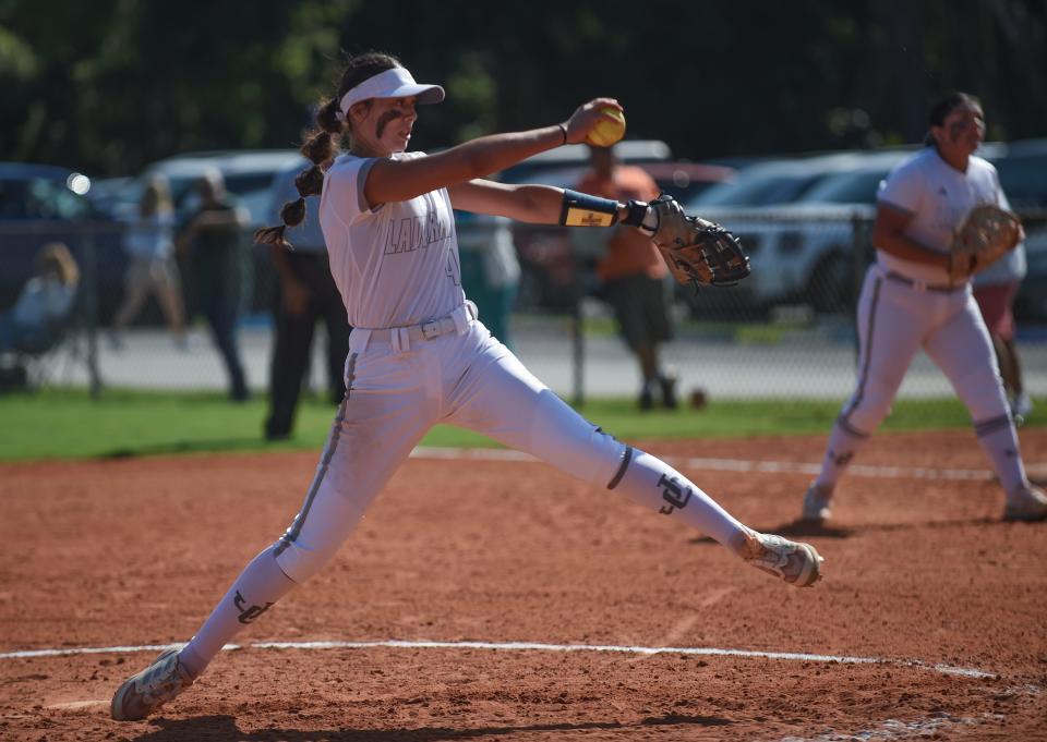 John Carroll pitcher Makayla Ortiz fires a fast pitch against Lincoln Park Academy at John Carroll High School on Tuesday, March 12, 2024, in Fort Pierce. John Carrol won 11-0.