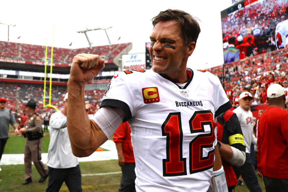 Jan 1, 2023; Tampa, Florida, USA;  Tampa Bay Buccaneers quarterback Tom Brady (12) gets pumped up prior to the game against the Carolina Panthers at Raymond James Stadium. Mandatory Credit: Kim Klement-USA TODAY Sports