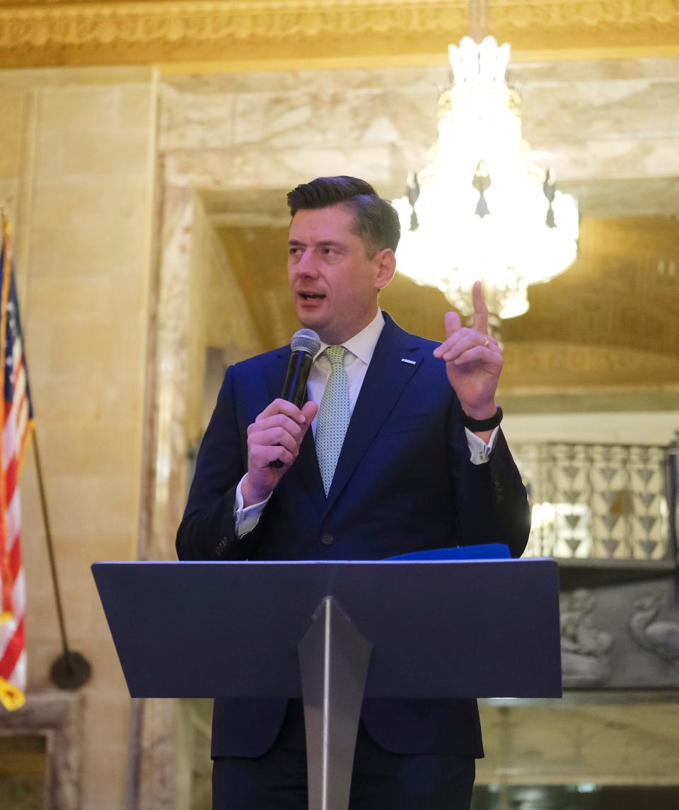 Newly re-elected Mayor, David Holt talks to the crowd. Mayor David Holt's watch party in the Great Hall of the First National Center Tuesday, February 8, 2022. 