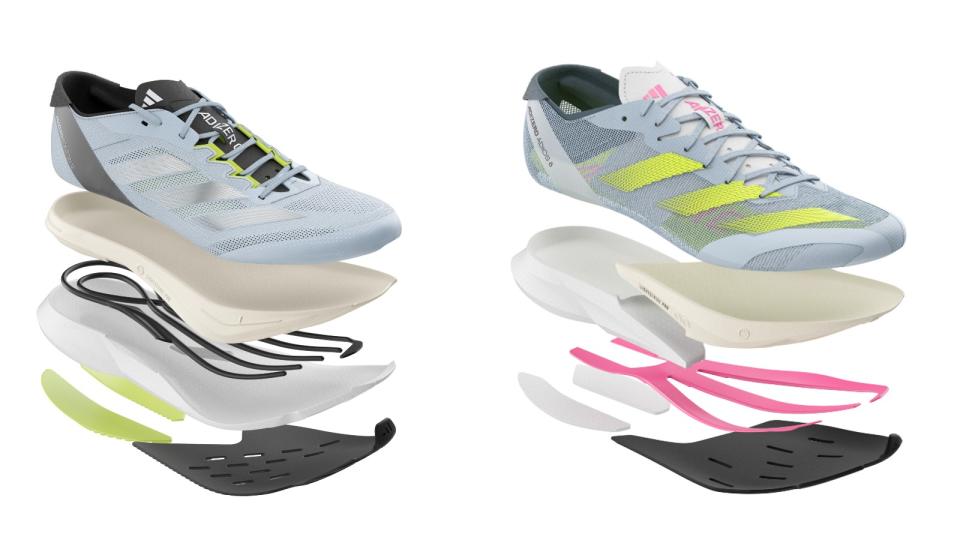 Adidas Boston 12 and Adidas Adizero Adios 8 running shoe deconstruction, showing individual upper, midsole, energy rod and outsole element