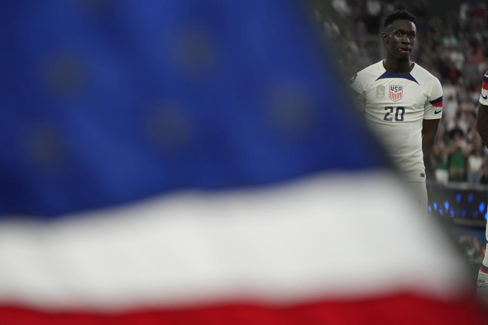 Folarin Balogun of the United States stands before a CONCACAF Nations League semifinal soccer match against Mexico, Thursday, June 15, 2023, in Las Vegas. (AP Photo/John Locher)