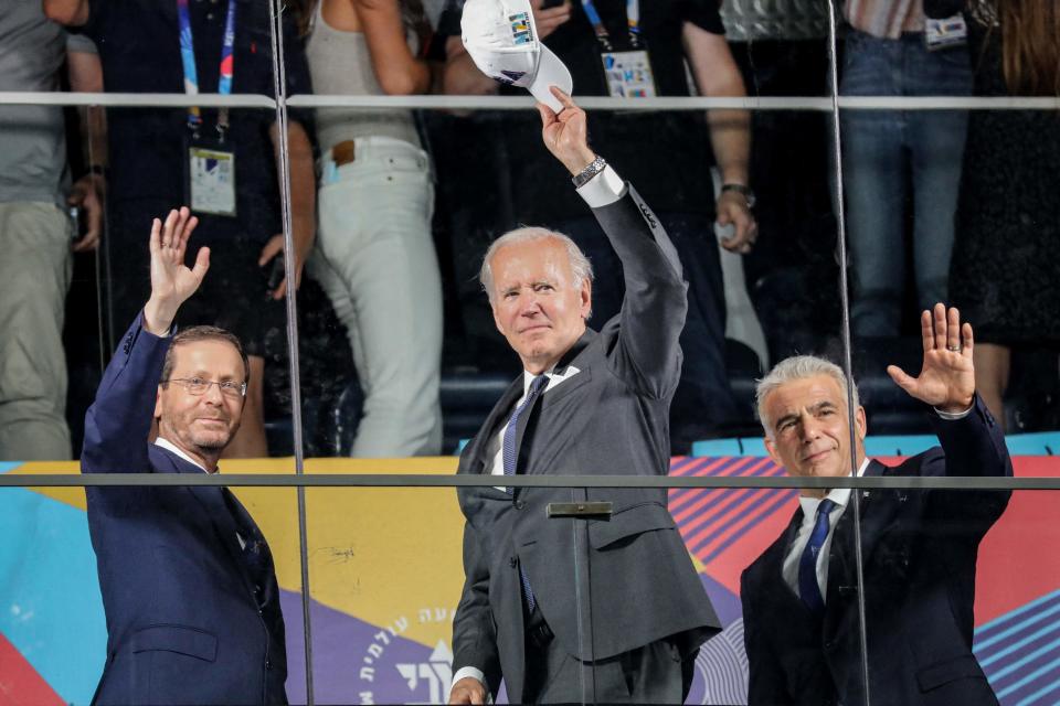 Israeli President Isaac Herzog, US President Joe Biden, and Israel’s caretaker Prime Minister Yair Lapid at the games’ opening ceremony (AFP via Getty Images)