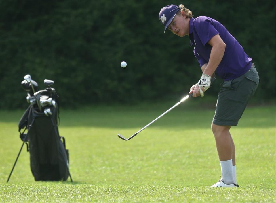 Mason High School's Wyatt Row hits a chip shot during the first round of the UIL Class 2A Boys State Golf Tournament at Lions Municipal Golf Course in Austin on Monday, May 9, 2022.