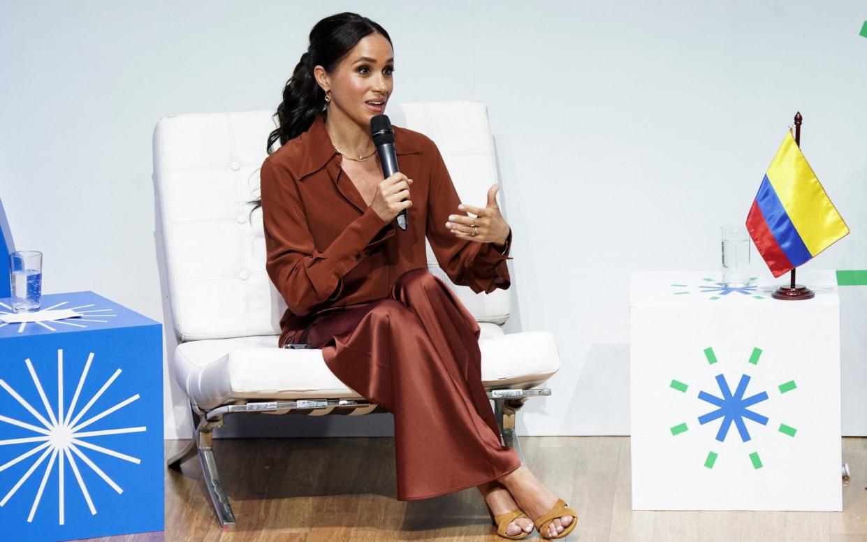 Meghan wore a coordinated coffee brown outfit for an event at the Responsible Digital Future forum at EAN University in Bogota