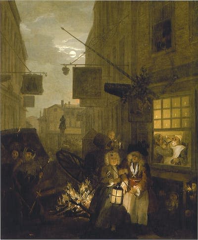 ‘Night’ by William Hogarth circa 1738 depicts a damaged carriage on a London road. (Wikimedia)