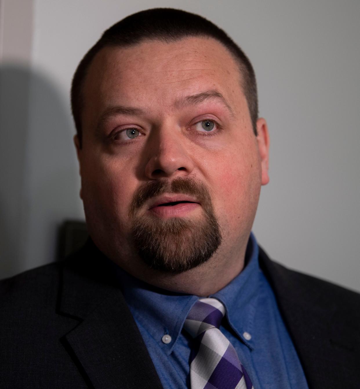 Former Republican state representative, Scotty Campbell speaks to member of the press at Cordell Hull State Office Building in Nashville , Tenn., Tuesday, March 12, 2024.