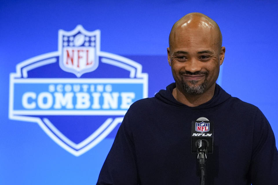 FILE - Atlanta Falcons general manager Terry Fontenot speaks during a press conference at the NFL football scouting combine in Indianapolis, Tuesday, Feb. 27, 2024. The NFL's investigation of the Atlanta Falcons' possible violation of tampering policies before signing quarterback Kirk Cousins won't conclude before this week's NFL draft. For Falcons general manager Terry Fontenot, that means the team won't lose any draft pick this year as he looks to build around Cousins. (AP Photo/Michael Conroy, File)