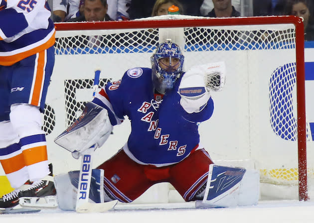 NEW YORK, NY - OCTOBER 13: Henrik Lundqvist #30 of the New York Rangers skates against the New York Islanders at Madison Square Garden on October 13, 2016 in New York City. The Rangers defeated the Islanders 5-3. (Photo by Bruce Bennett/Getty Images)