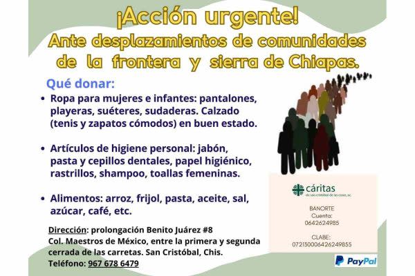 Comunicado sobre campaña de ayuda para los desplazados por la violencia en Chiapas.