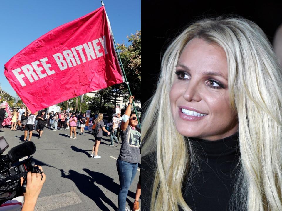 A composite image of protestors at a #FreeBritney rally and Britney Spears.