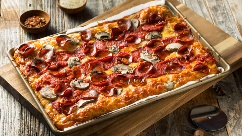 Detroit-style pizza with pepperoni and mushrooms