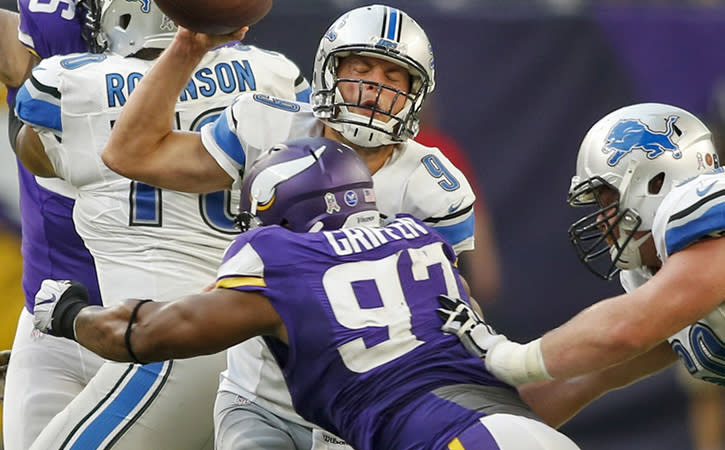 Nov 6, 2016; Minneapolis, MN, USA; Minnesota Vikings defensive end Everson Griffen (97) pressures Detroit Lions quarterback Matthew Stafford (9) in overtime at U.S. Bank Stadium. The Lions won 22-16.