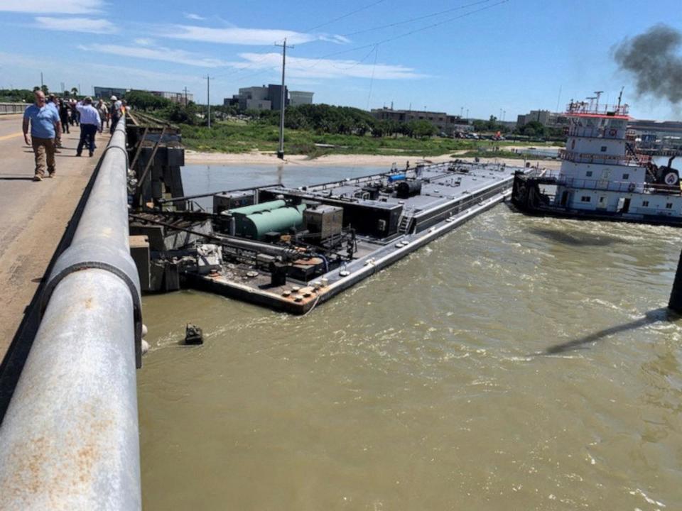 PHOTO: A barge that crashed into a bridge, forcing the closure of a roadway, is seen in Galveston, Texas, May 15, 2024 in this handout photo. (County of Galveston via Facebook/Reuters)