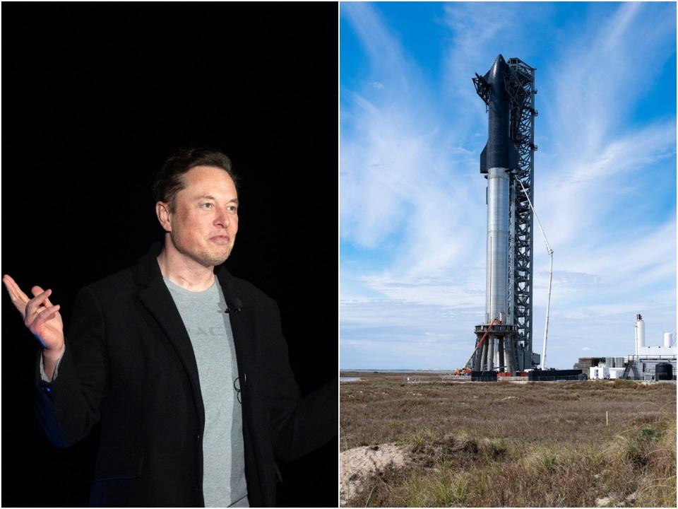 A composite image of Elon Musk and SpaceX's first orbital Starship SN20.