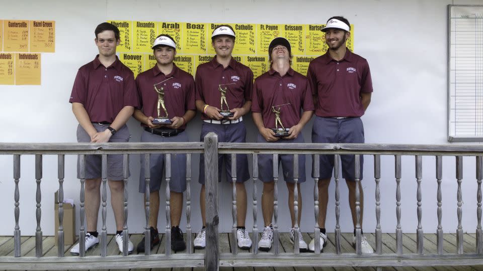 Jordan (center) and his Hartselle High School golf team celebrate one of several victories. The team won the Alabama state championship in 2015. - Jim Hartsell