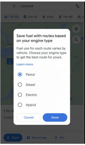 Google提醒，最省油路線會受引擎類型影響而有所不同。（圖／翻攝自Google 官網）