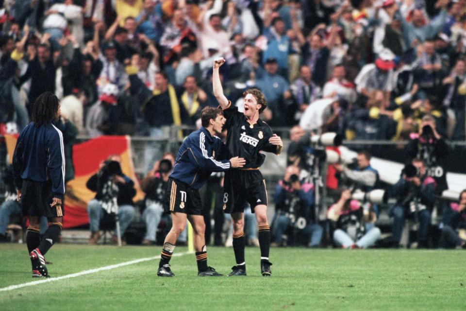 Steve McManaman celebrates after scoring for Real Madrid in their European Cup final victory over Valencia in 2000