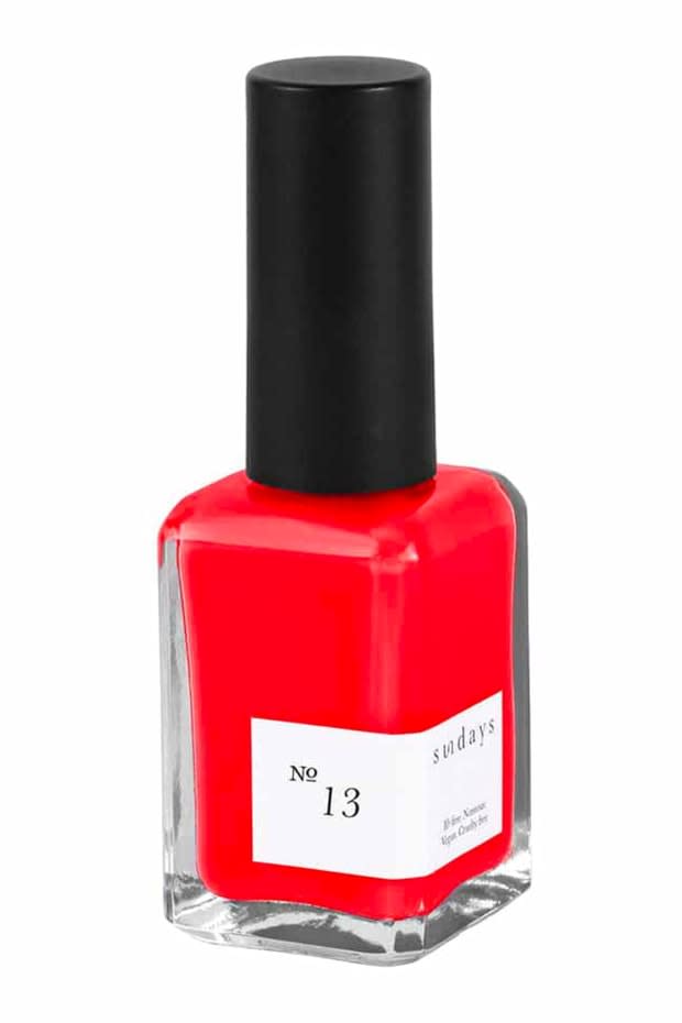 <p>Sundays Nail Polish in No. 13, $18, <a href="https://www.beyondpolish.com/products/sundays-nail-polish-no-13?gclid=Cj0KCQiAip-PBhDVARIsAPP2xc3HzlTXgRjEENf6TfO0EHbpMlud9hZf9MO8nWdIx1rZcG4KCZR0GxEaAkoDEALw_wcB&utm_campaign=Google%20Shopping&utm_medium=cpc&utm_source=google&variant=32625843142707" rel="nofollow noopener" target="_blank" data-ylk="slk:available here;elm:context_link;itc:0;sec:content-canvas" class="link ">available here</a>.</p>