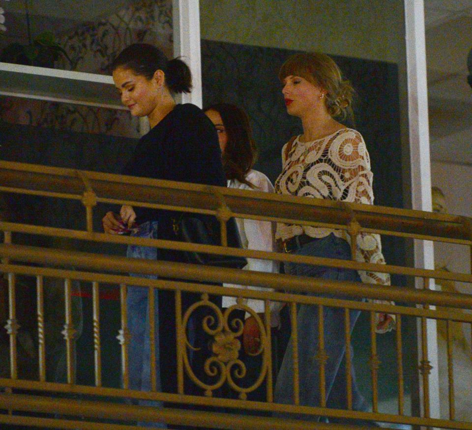 Taylor Swift and Selena Gomez are seen at Sushi Park on October 19, 2023, in Los Angeles, California.