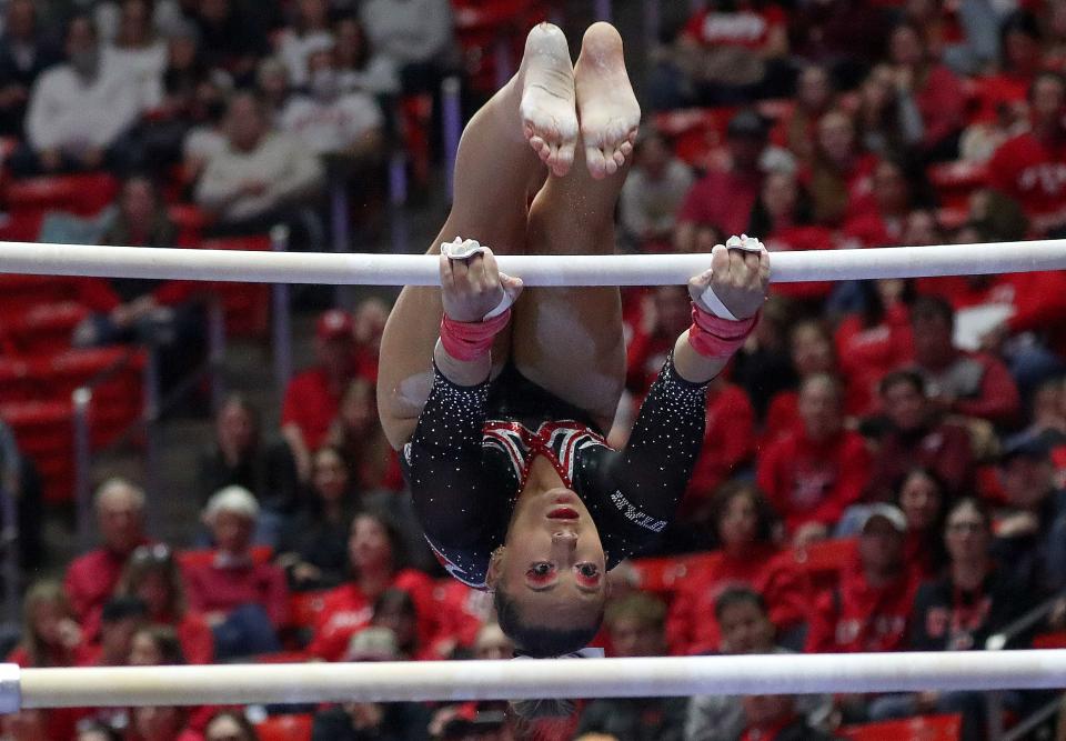 Utah’s Makenna Smith competes on the bars during a gymnastics meet against Boise State at the Huntsman Center in Salt Lake City on Friday, Jan. 5, 2024. Utah won. | Kristin Murphy, Deseret News