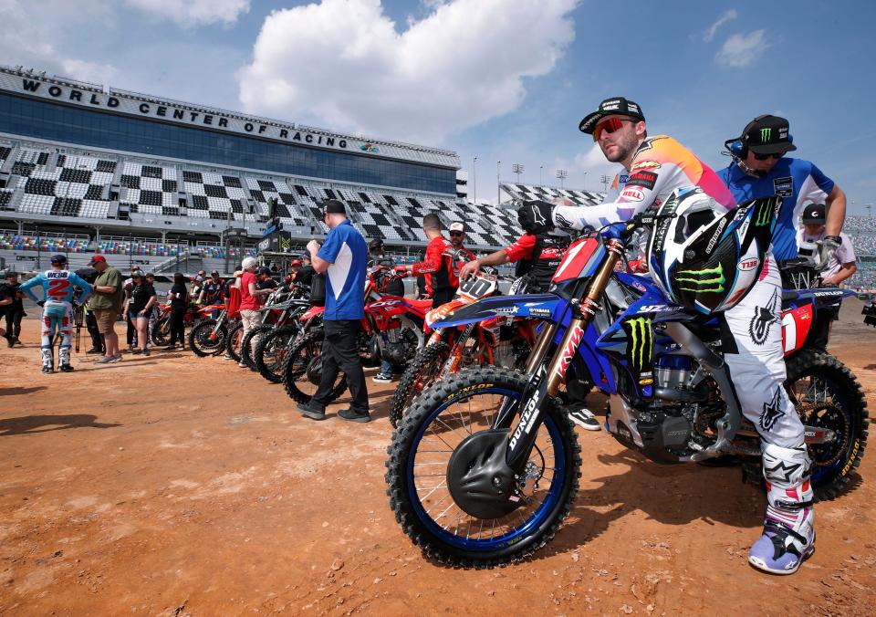 Eli Tomac prepares to go on track during Media Day at Daytona International Speedway, Friday, March 3, 2023 