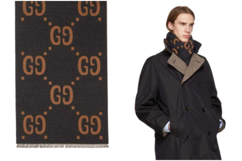 GUCCI Grey & Brown Wool GG Scarf