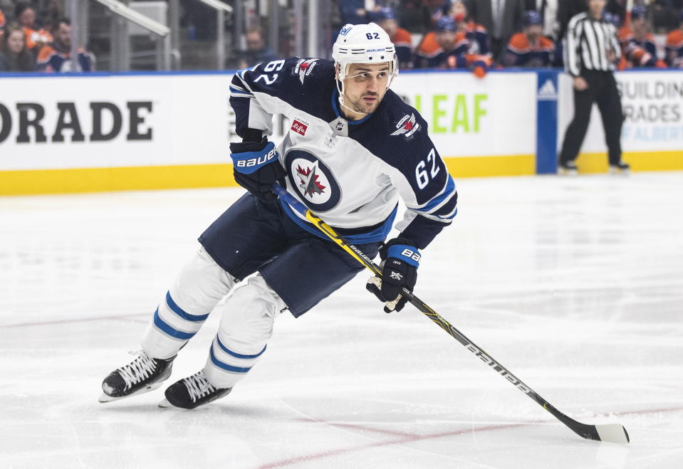 Winnipeg Jets' Nino Niederreiter (62) skates against the Edmonton Oilers during the first period of an NHL hockey game Friday, March 3, 2023, in Edmonton, Alberta. (Jason Franson/The Canadian Press via AP)