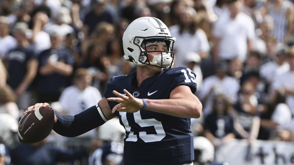 Penn State quarterback Drew Allar takes over the reins for the departed Sean Clifford, who was the team's starting QB for the past four years. (AP Photo/Barry Reeger)
