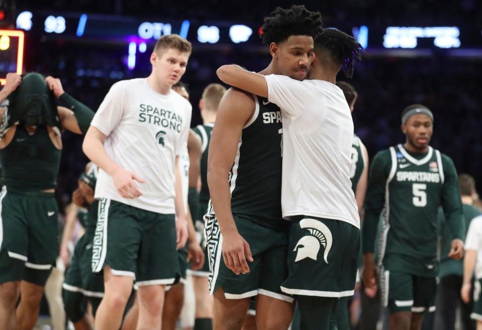 Michigan State guard A.J. Hoggard walks off the court after MSU's 98-93 overtime loss to Kansas State in the Sweet 16 on Thursday, March 23, 2023, in New York.