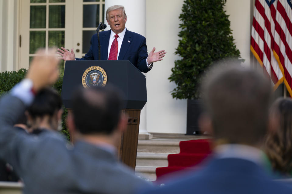 FILE - In this July 14, 2020, file photo President Donald Trump speaks during a news conference in the Rose Garden of the White House in Washington. (AP Photo/Evan Vucci, File)